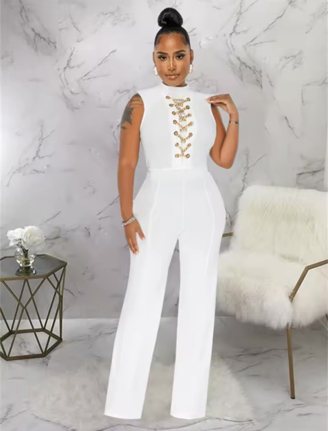 SLEEVELESS JUMPSUIT CHAIN DECOR STRAIGHT LEG PANTS