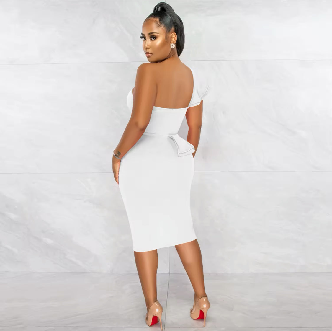 ONE SHOULDER SIDE SLIT MIDI RUFFLE DRESS