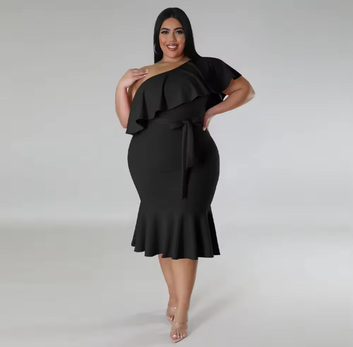 ONE SHOULDER RUFFLES BODY-CON PLUS SIZE MIDI FORMAL DRESS