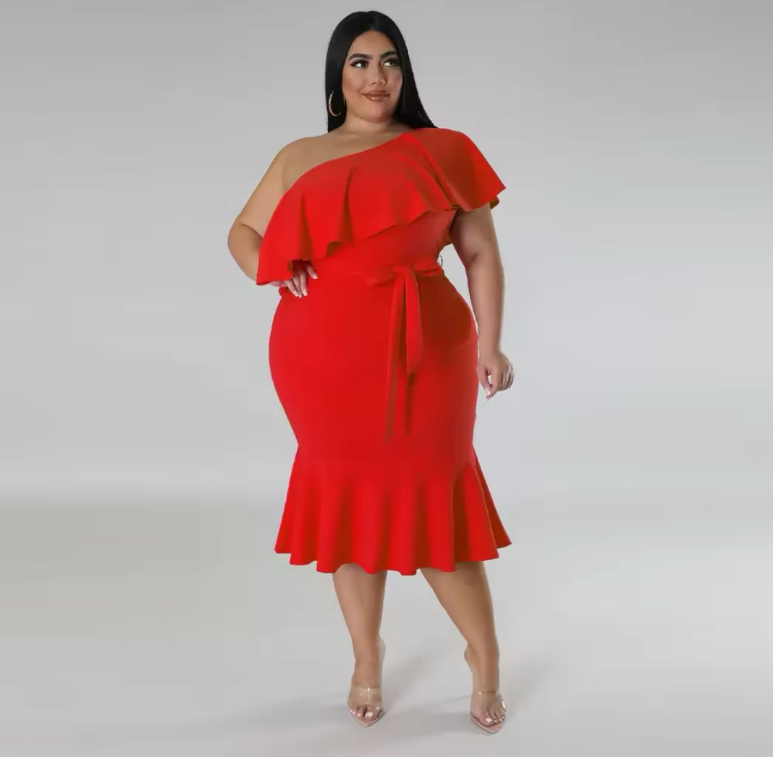 ONE SHOULDER RUFFLES BODY-CON PLUS SIZE MIDI FORMAL DRESS