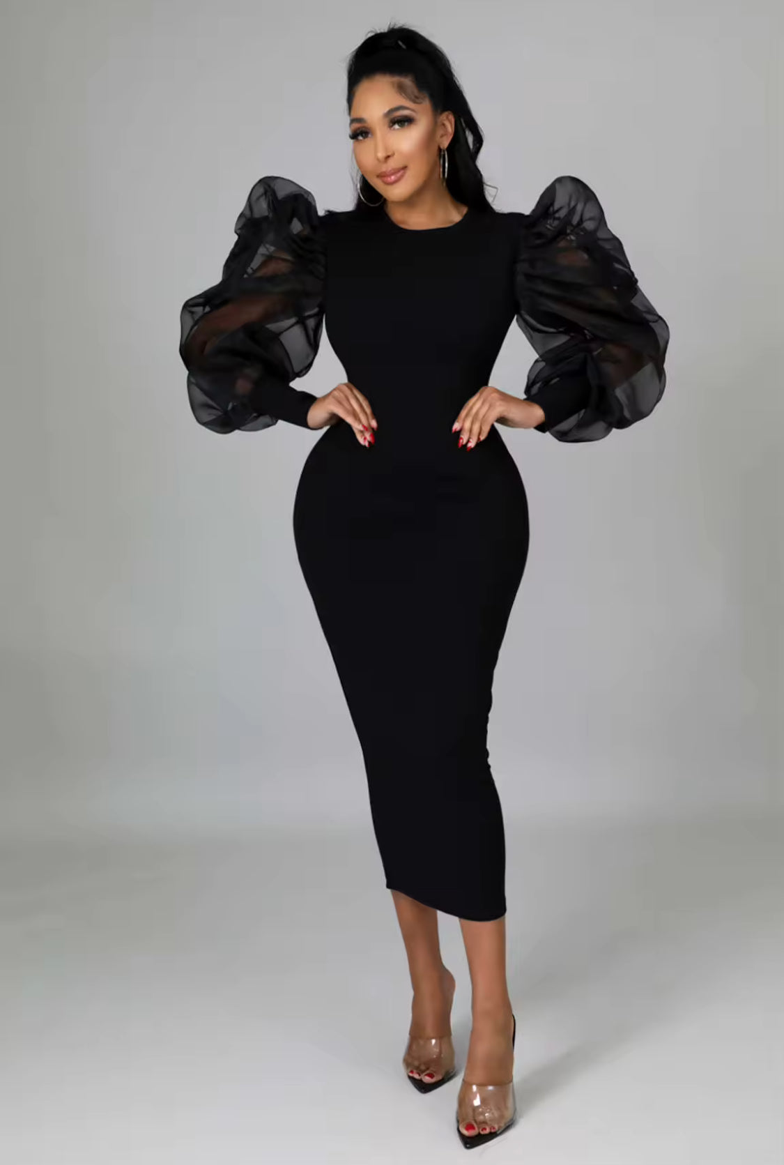 LADIES LANTERN MESH SLEEVES BODY-CON DRESS