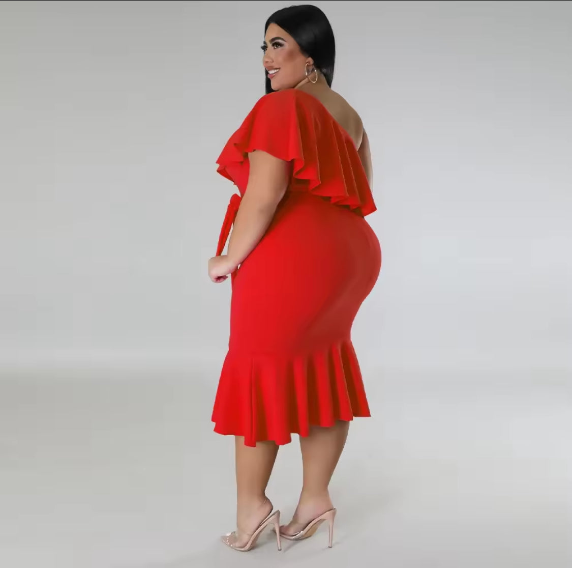 ONE SHOULDER RUFFLES BODY-CON PLUS SIZE MIDI FORMAL DRESS