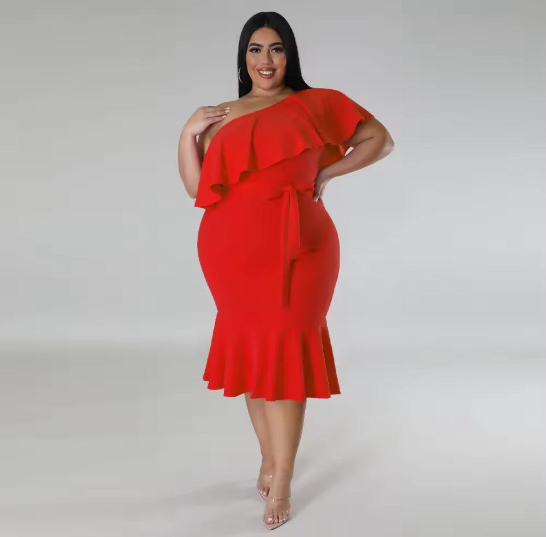 ONE SHOULDER RUFFLES BODY-CON PLUS SIZE MIDI FORMAL DRESS