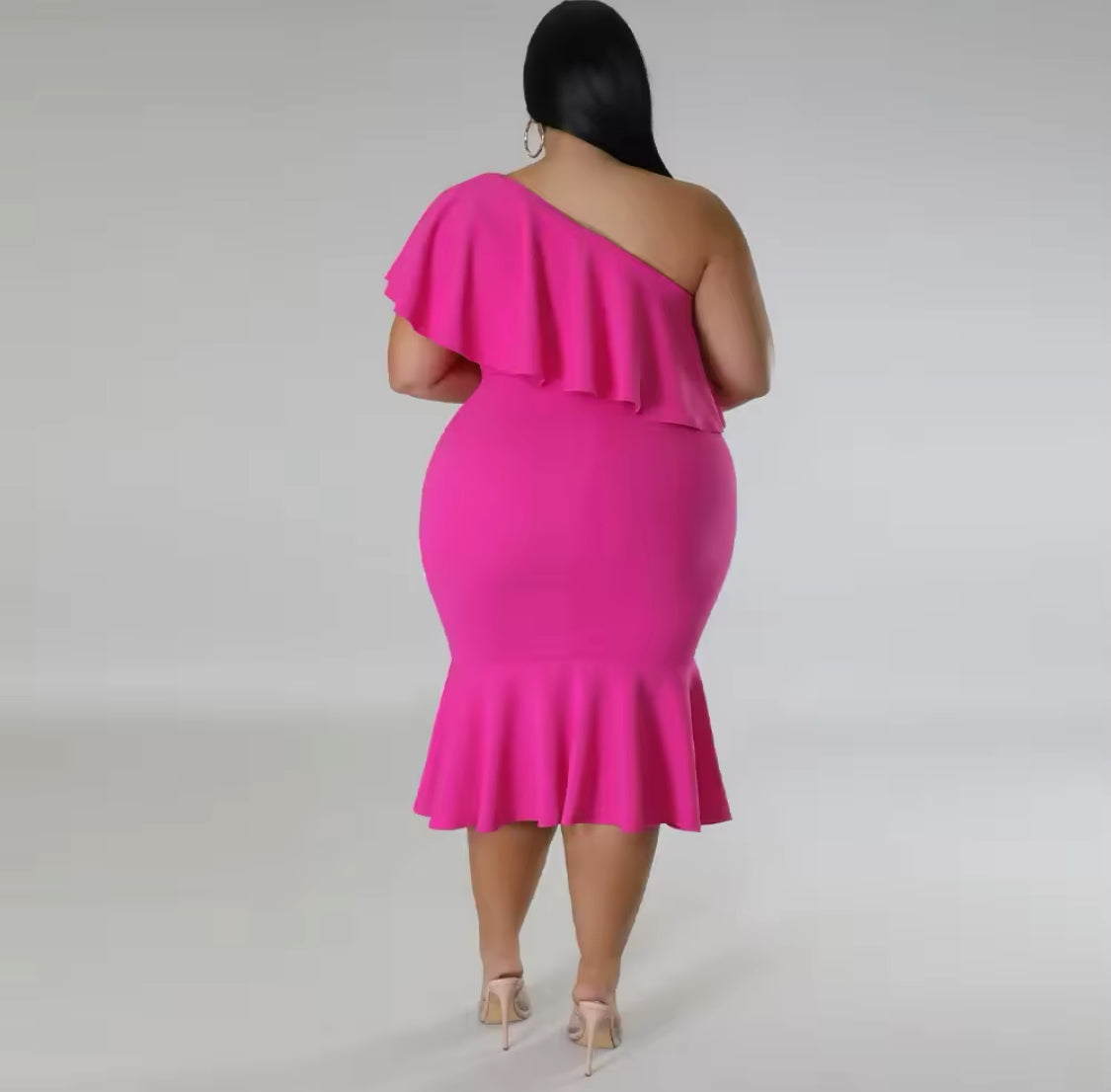 ONE SHOULDER RUFFLES BODY-CON PLUS SIZE MIDI FORMAL DRESS