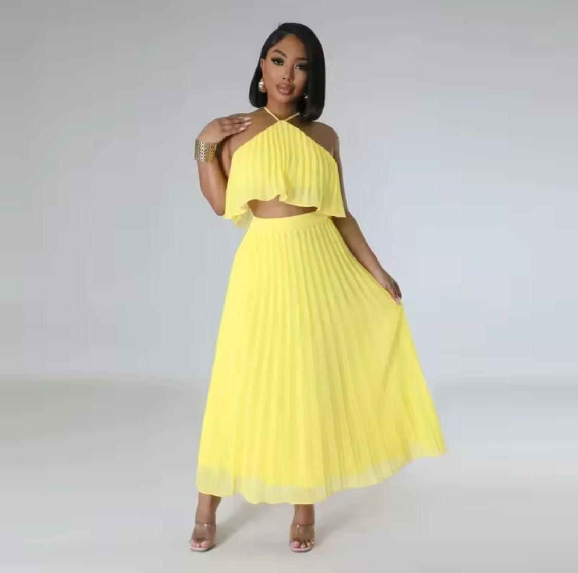 PLEATED TWO PIECE MESH VACATION SKIRT SET