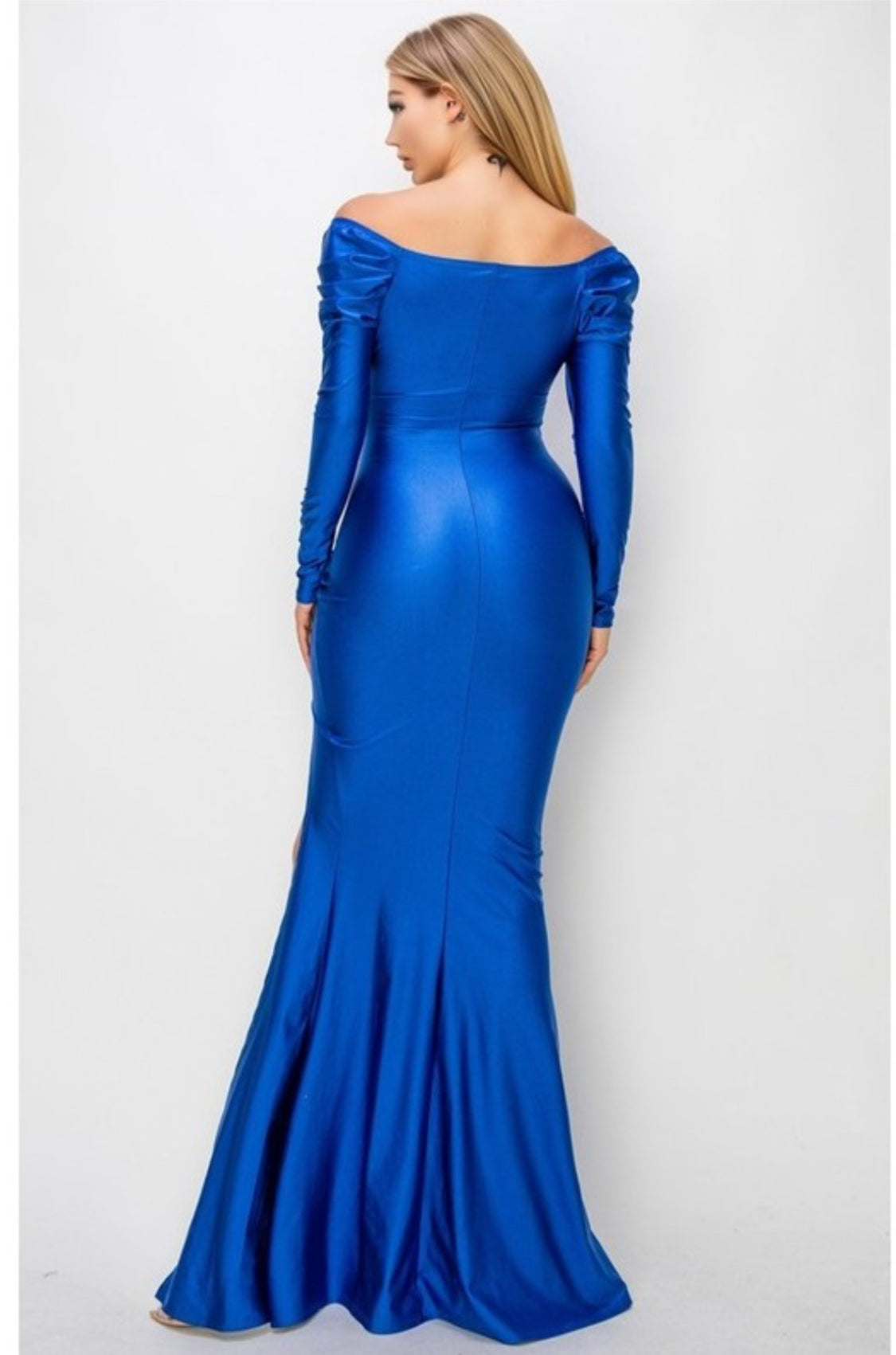OFF SHOULDER PUFF SLEEVE HIGH SLIT PARTY MAXI DRESS