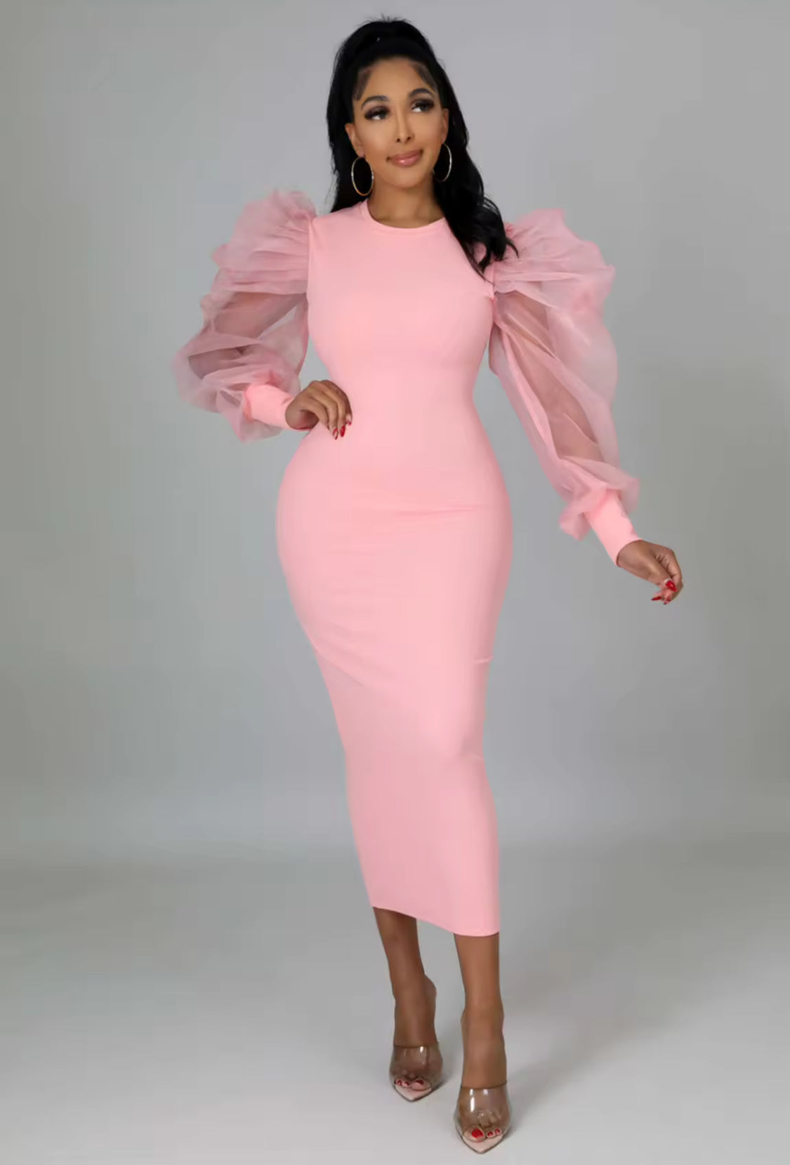 LADIES LANTERN MESH SLEEVES BODY-CON DRESS