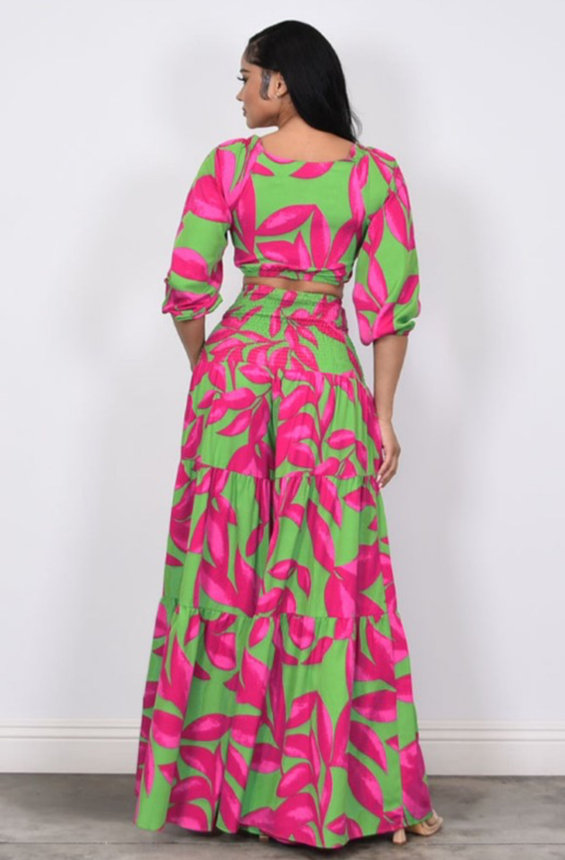 TROPICAL PATTERN TWO PIECE CROP TOP WIDE LEG PANTS SET