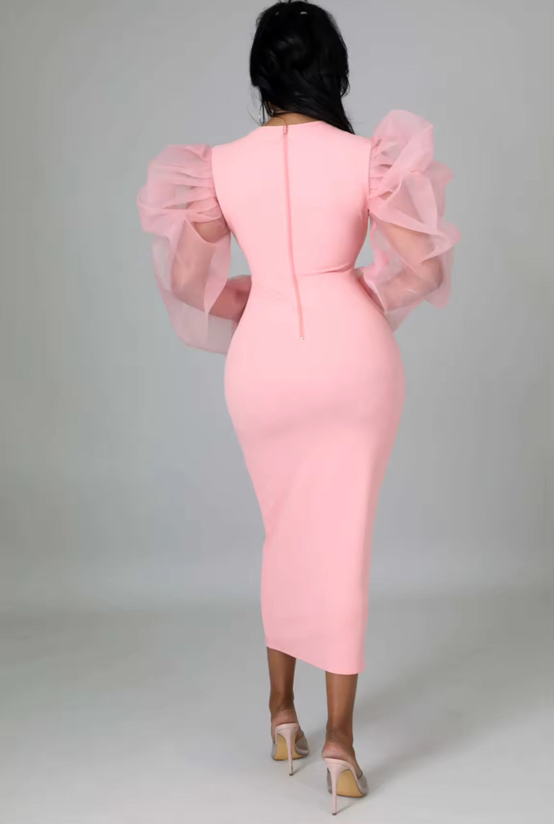 LADIES LANTERN MESH SLEEVES BODY-CON DRESS