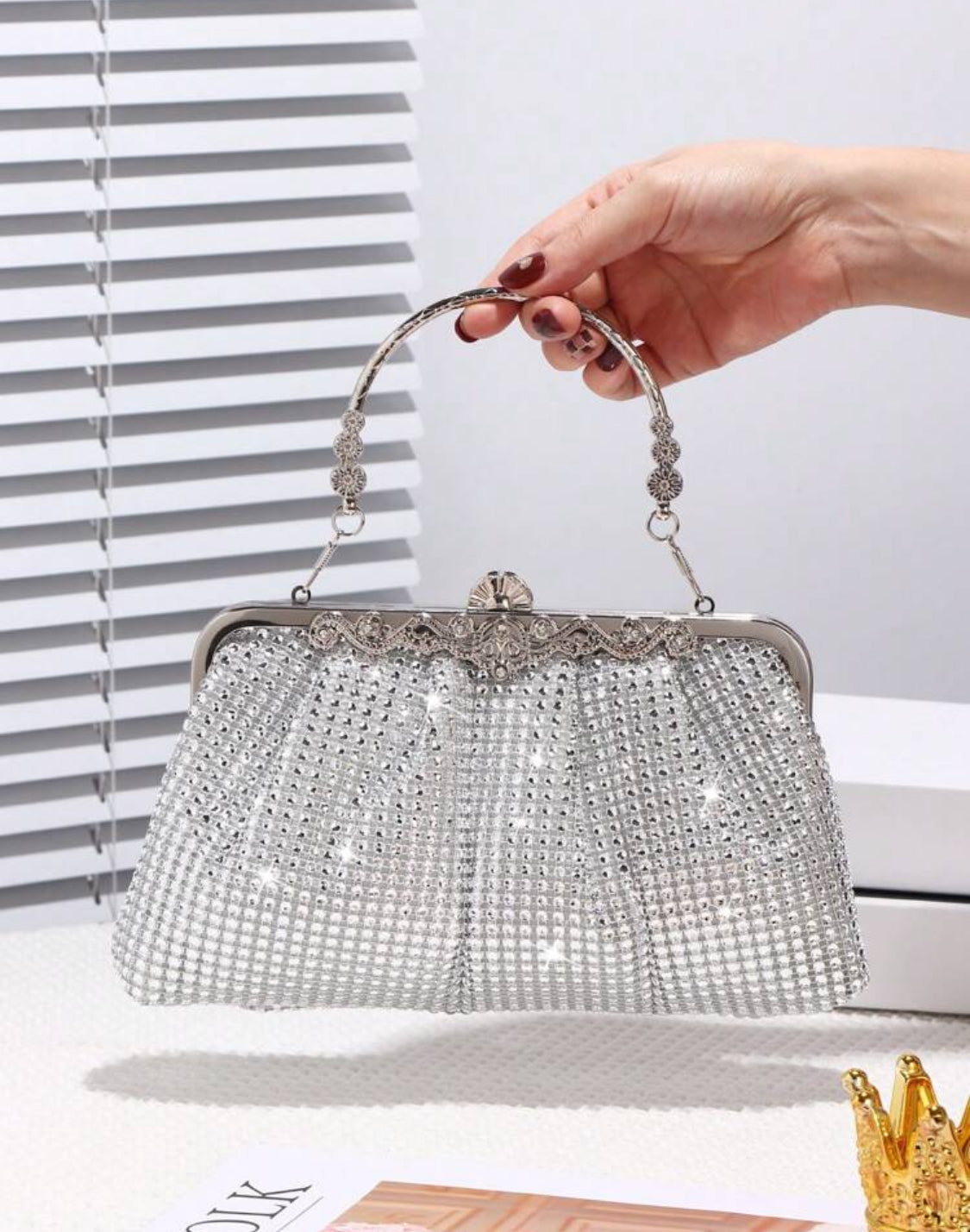 RHINESTONE GLITTER CLUTCH HANDBAG WITH CHAIN