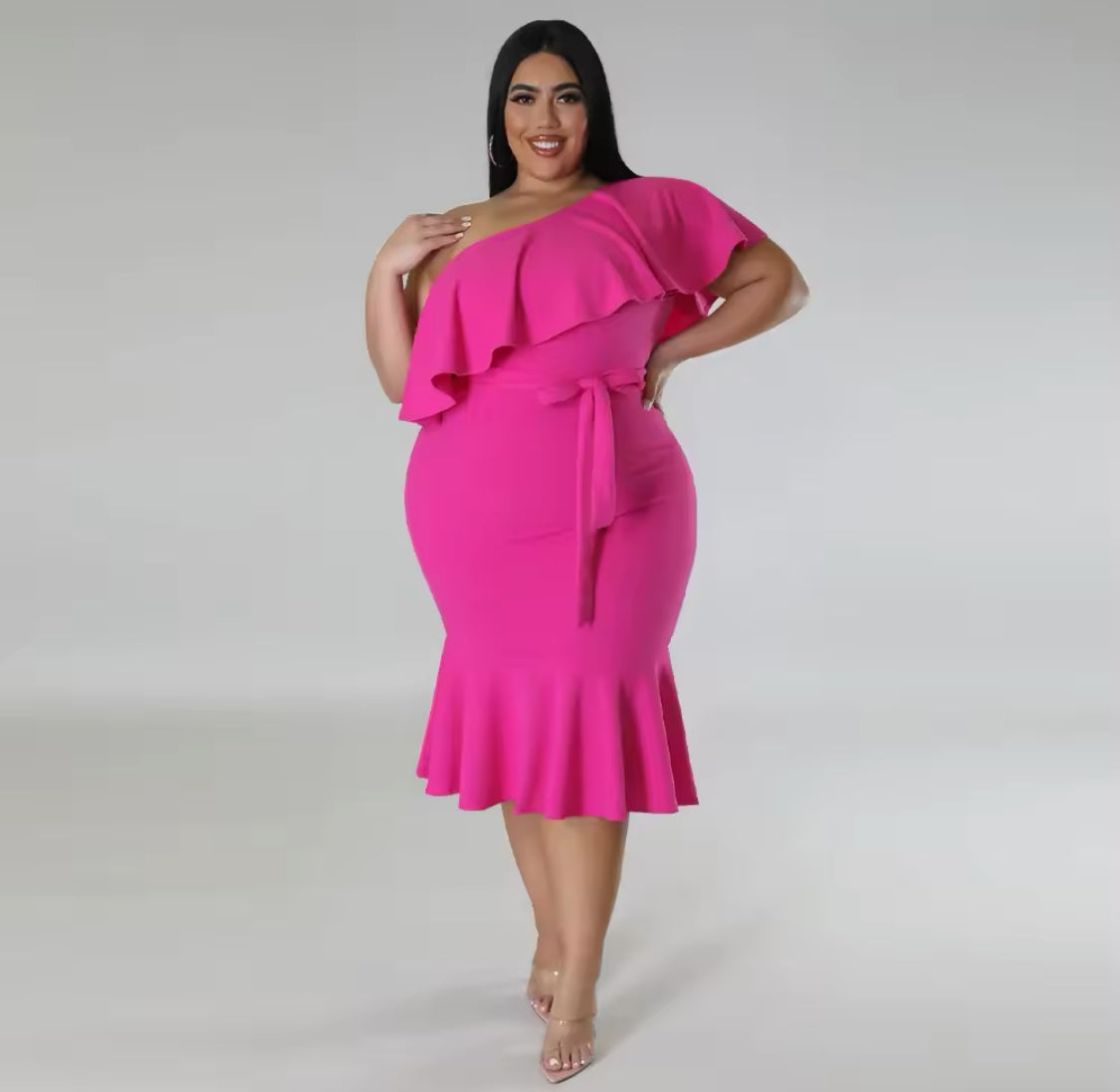 ONE SHOULDER RUFFLES BODY-CON PLUS SIZE MIDI FORMAL DRESS