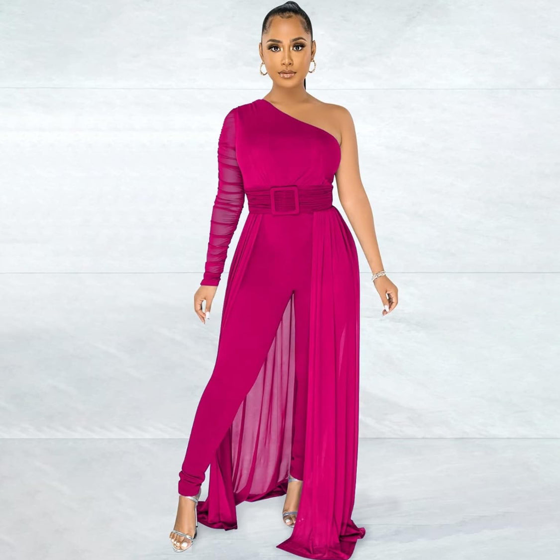 ONE SHOULDER LONG SLEEVE SHEER MESH JUMPSUIT