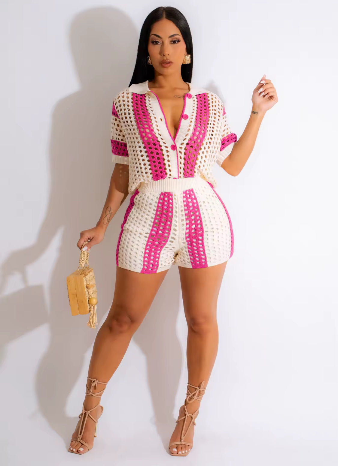 TWO PIECE KNIT RIBBED CROCHET SEE THROUGH VACAY BEACH SHORTS SET