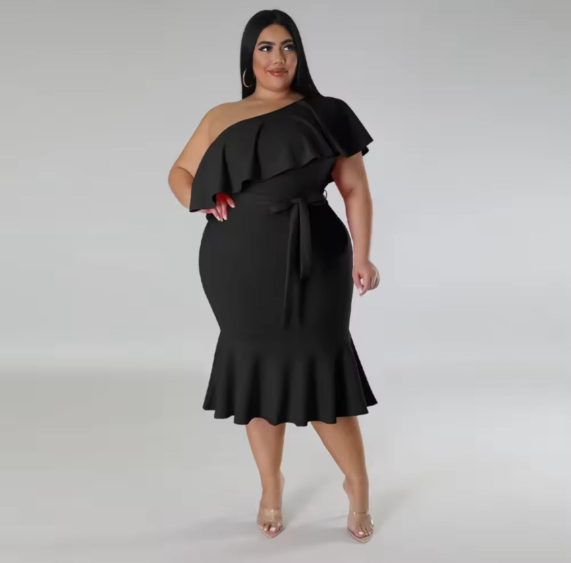 ONE SHOULDER RUFFLES BODY-CON PLUS SIZE MIDI FORMAL DRESS