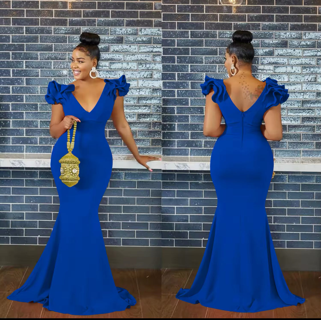 RUFFLE DETAIL COCKTAIL V-NECK MAXI DRESS