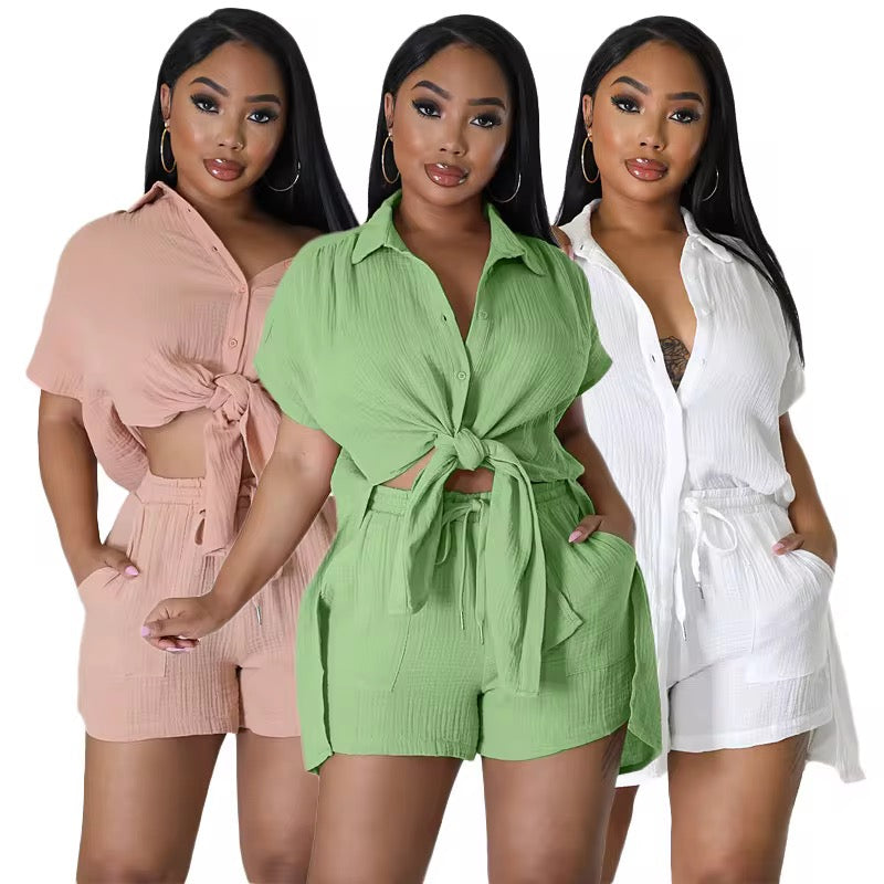 CASUAL TWO PIECE SUMMER SOLID COLOR COMFY SHORTS SET