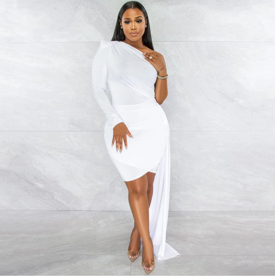 ONE SHOULDER LONG SLEEVE BODY-CON FORMAL PARTY BIRTHDAY DRESS