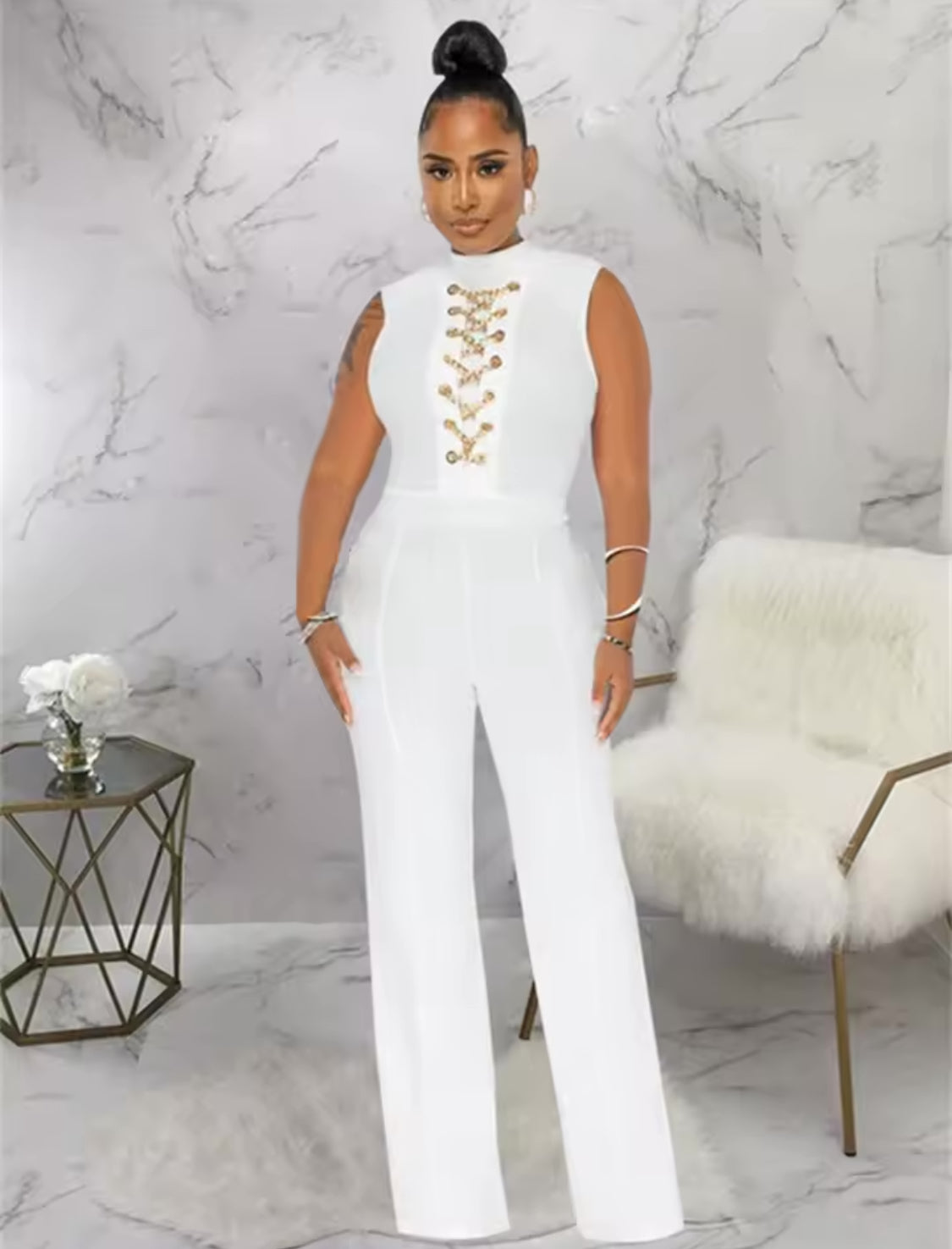 SLEEVELESS JUMPSUIT CHAIN DECOR STRAIGHT LEG PANTS