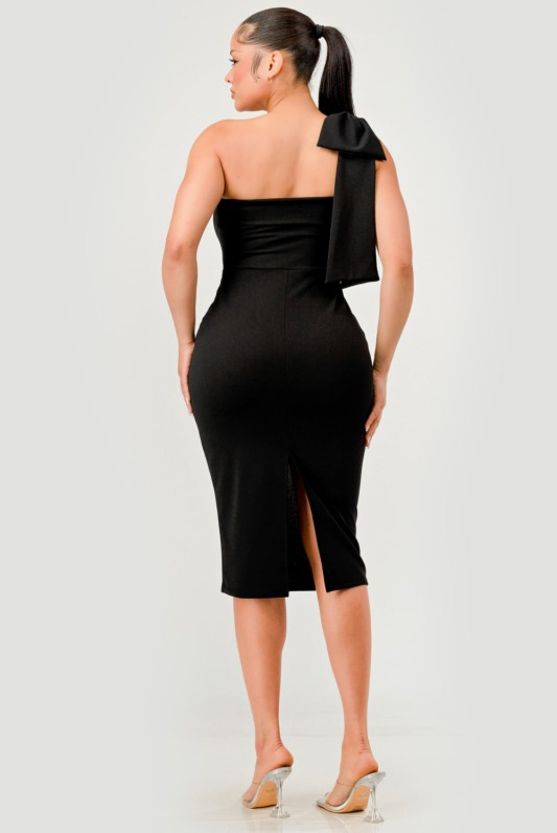 ONE SHOULDER BOWKNOT DECOR SLIT MIDI DRESS
