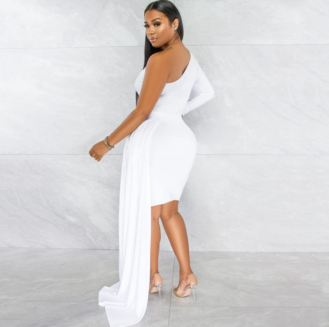 ONE SHOULDER LONG SLEEVE BODY-CON FORMAL PARTY BIRTHDAY DRESS
