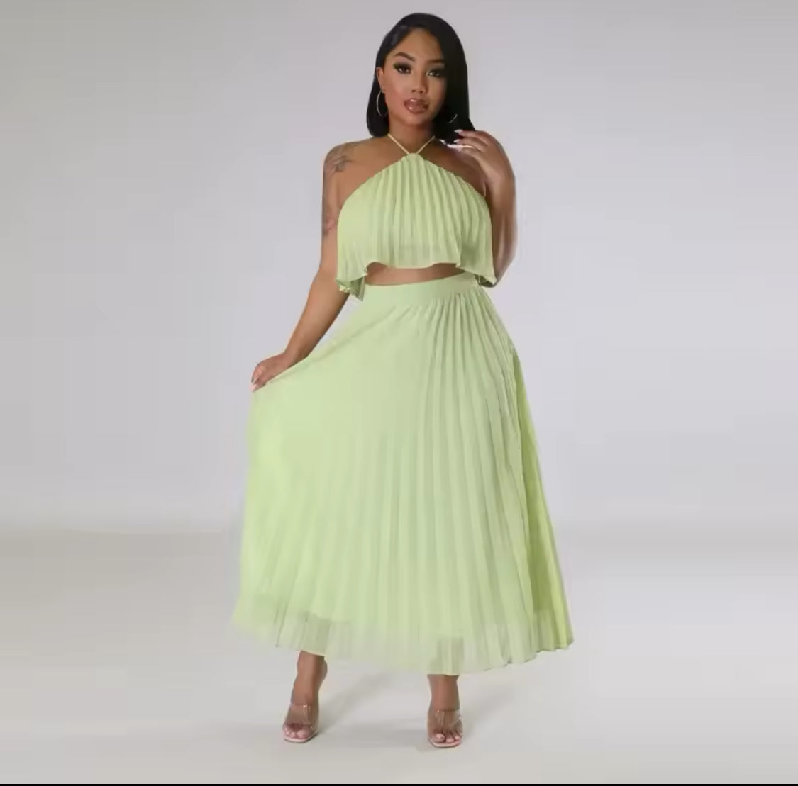 PLEATED TWO PIECE MESH VACATION SKIRT SET