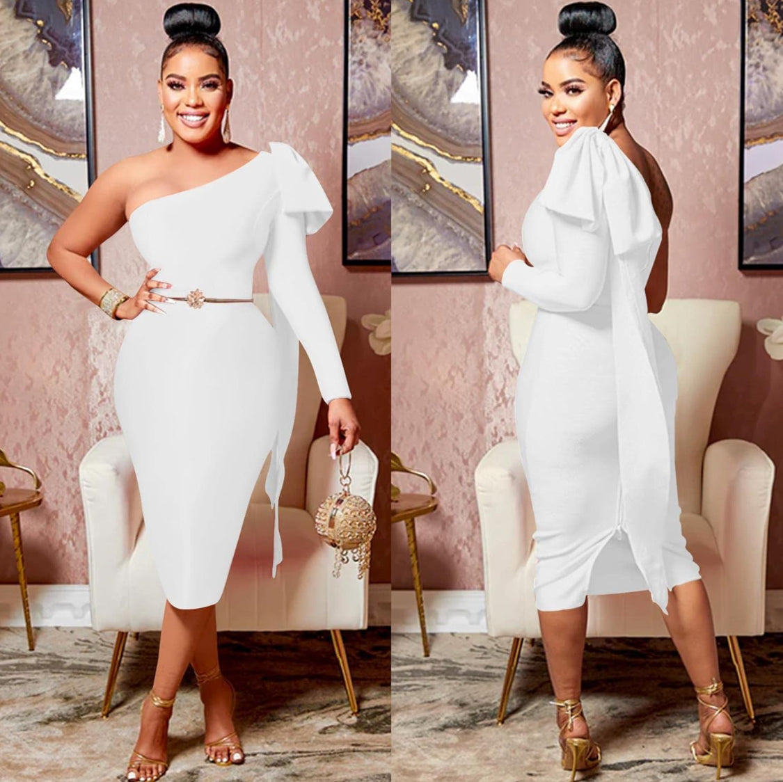 ONE SLEEVE BIG BOW DESIGN BODY-CON FORMAL MIDI DRESS