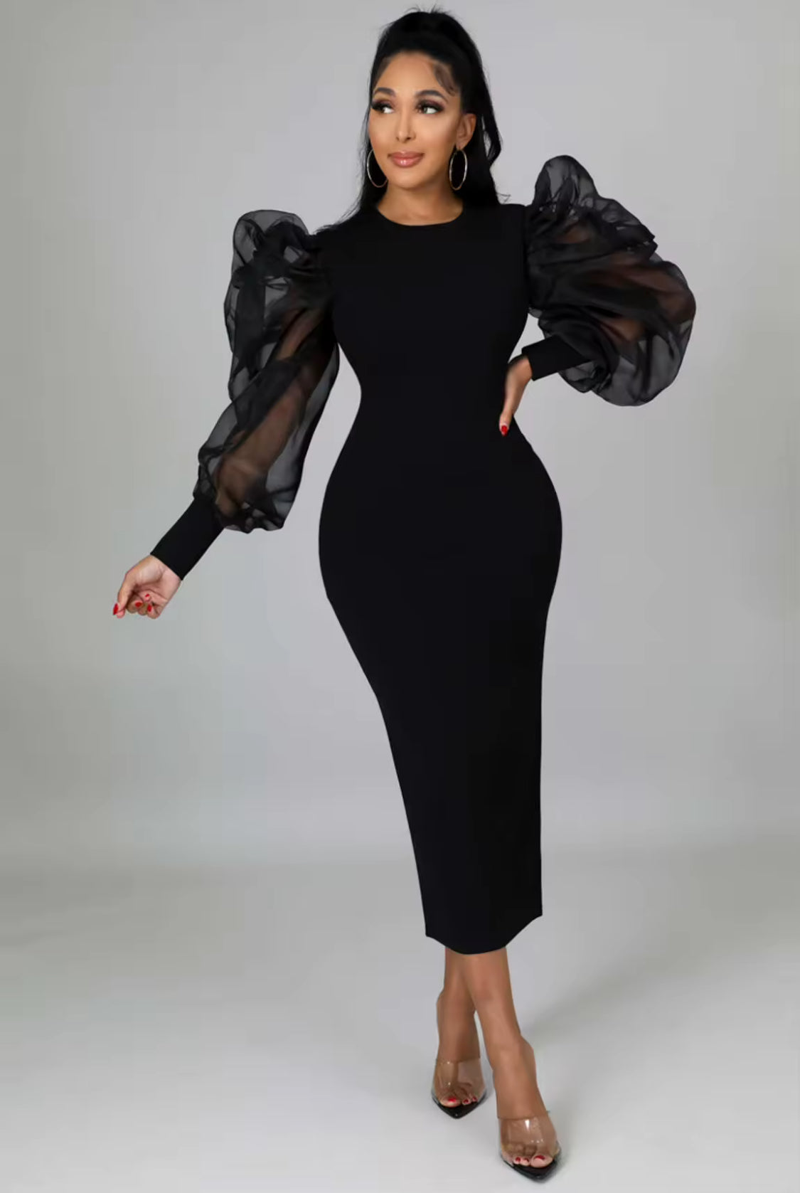 LADIES LANTERN MESH SLEEVES BODY-CON DRESS