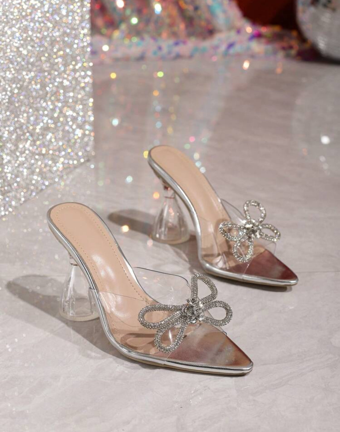 HIGH HEELS WITH RHINESTONE DECOR CLEAR BOW DESIGN