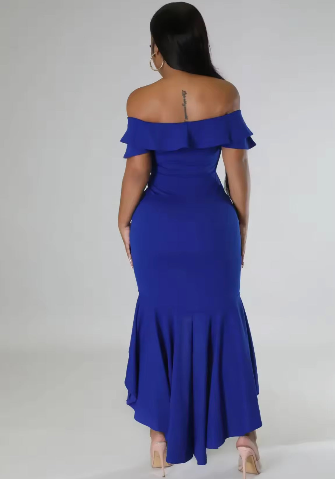 OFF SHOULDER RUFFLE HIGH LOW MAXI DRESS