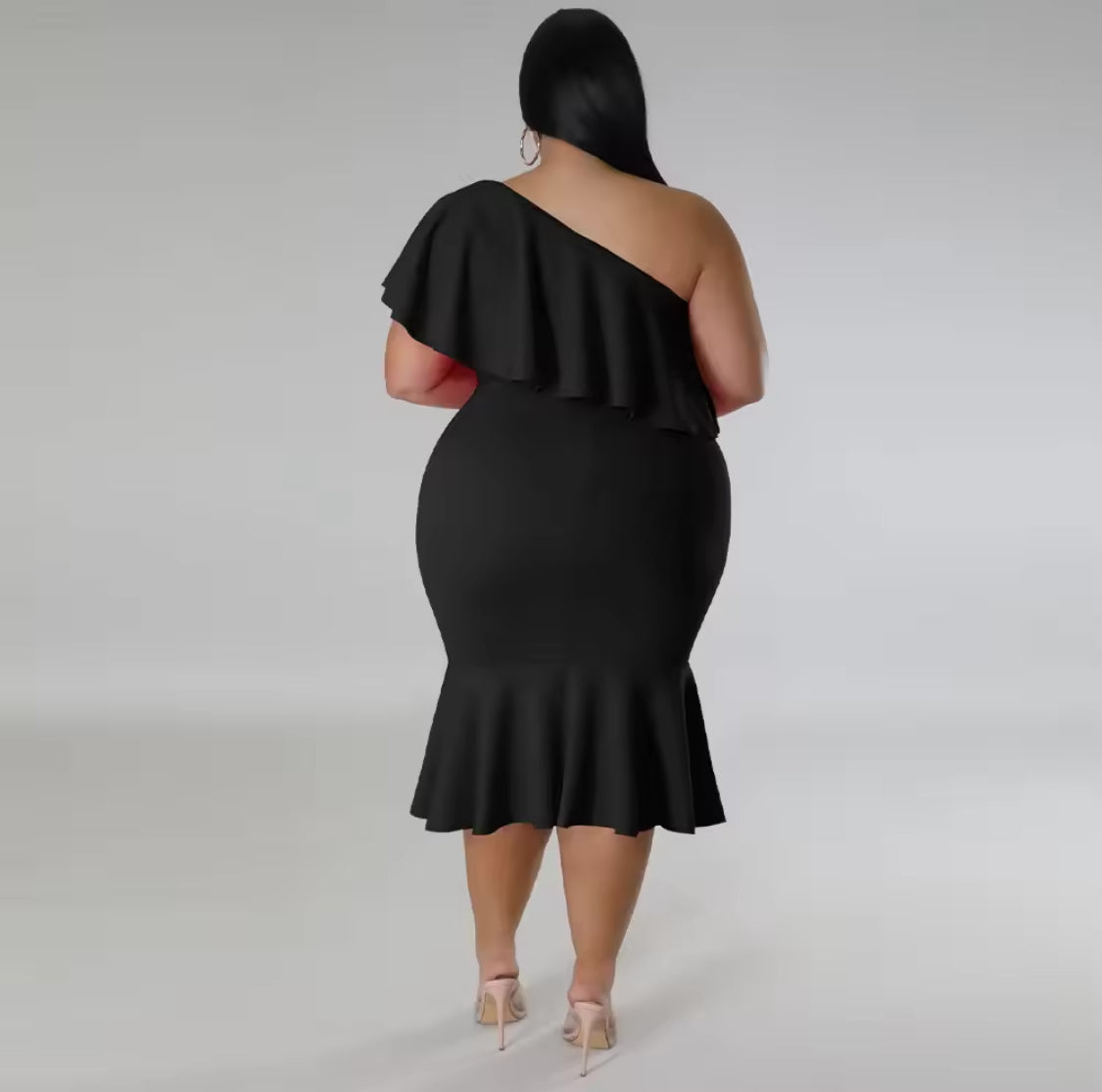 ONE SHOULDER RUFFLES BODY-CON PLUS SIZE MIDI FORMAL DRESS