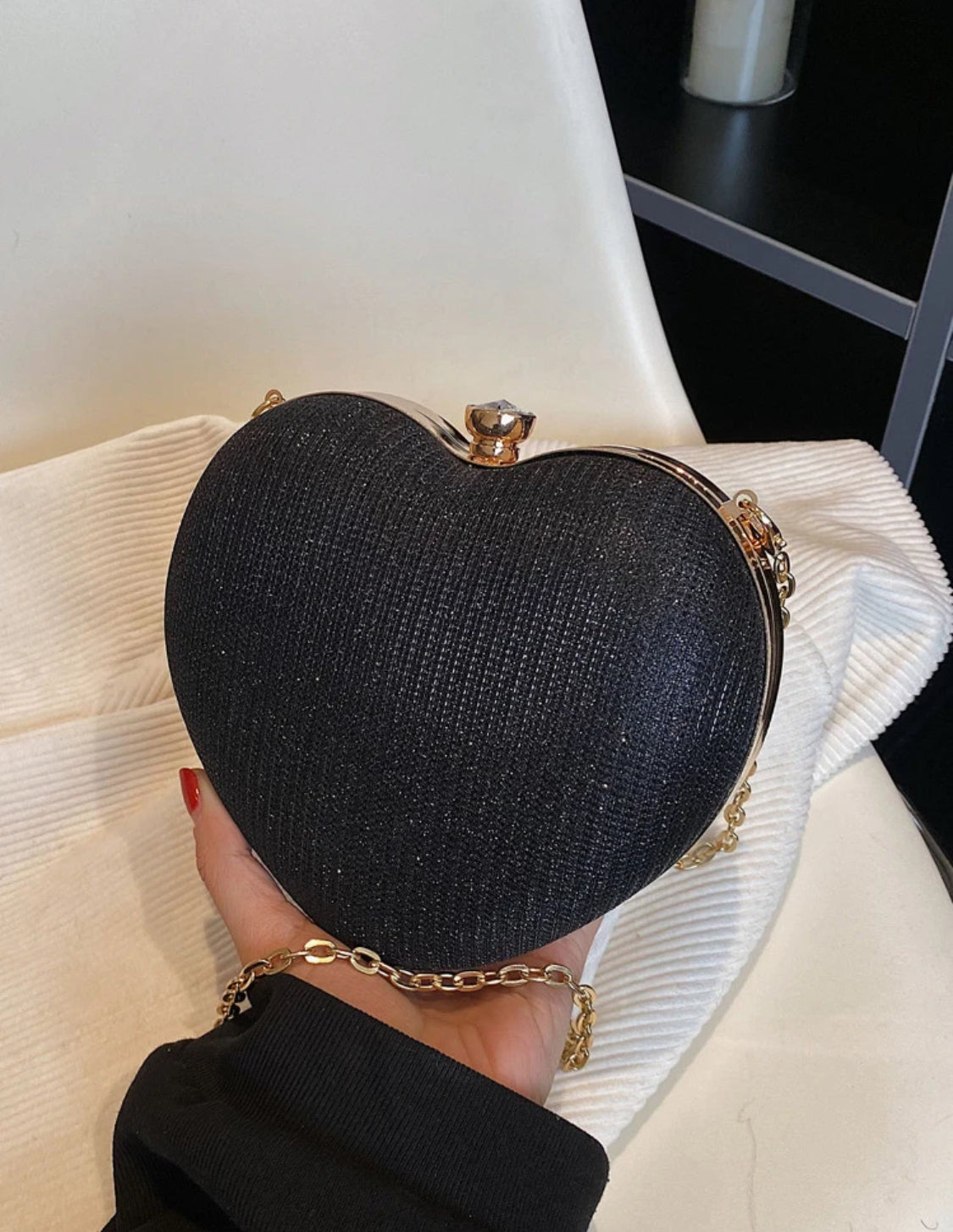 ELEGANT SHOULDER CROSS BODY BAG HEART SHAPE GOLD & BLACK EVENING PURSE