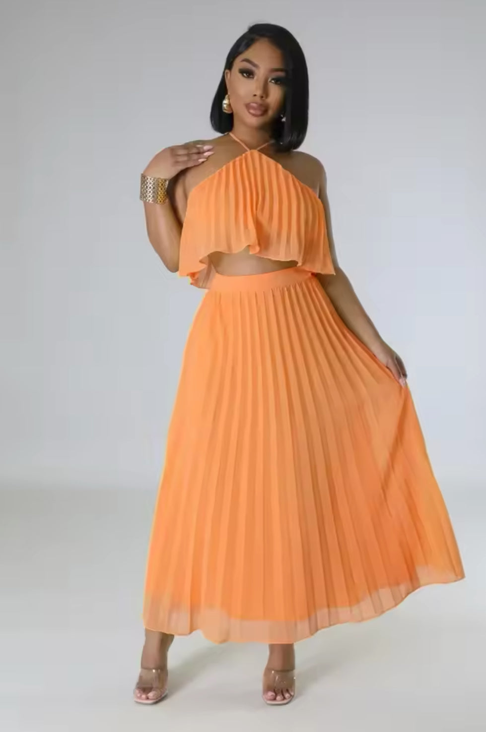 PLEATED TWO PIECE MESH VACATION SKIRT SET