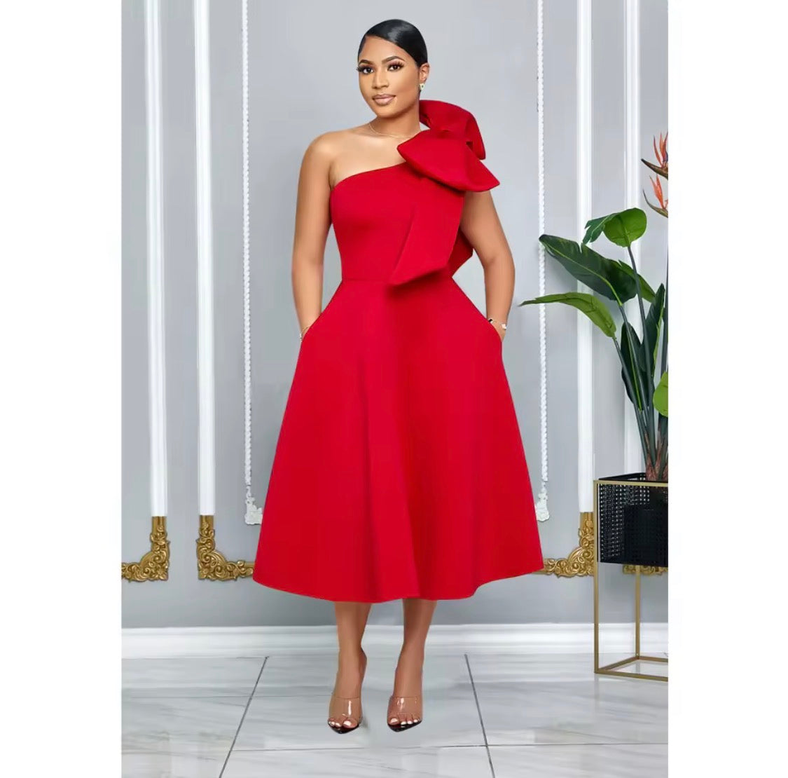 ELEGANT OVERSIZED BOW ONE SHOULDER MID CALF FORMAL DRESS