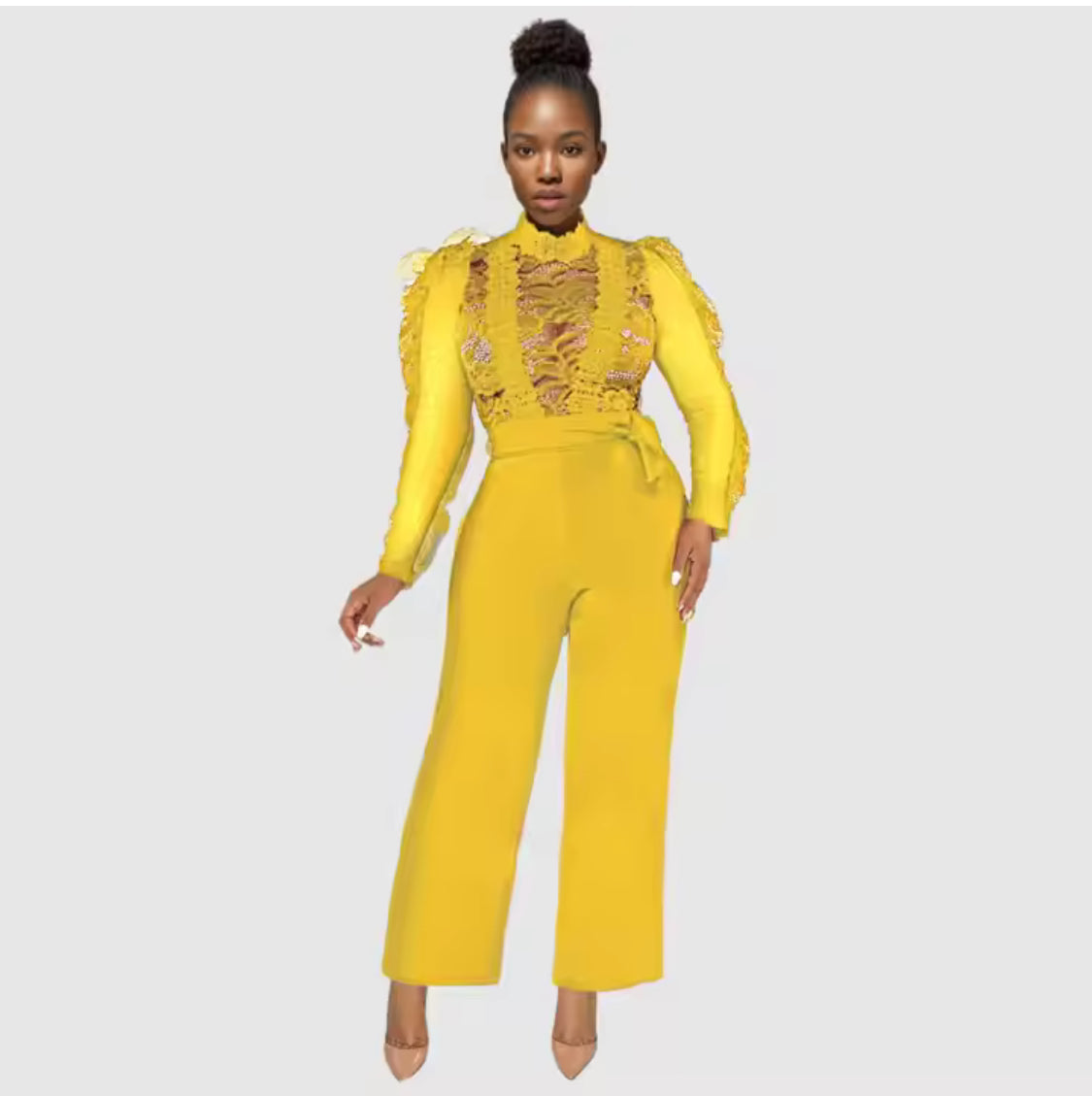LACE SHEER JUMPSUIT LONG SLEEVE WITH BELT