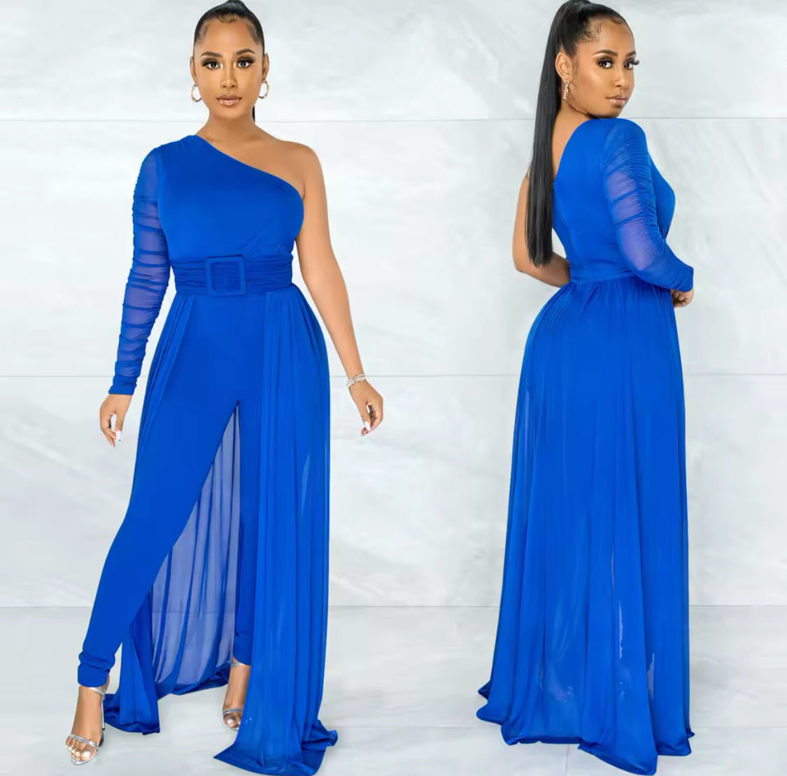 ONE SHOULDER LONG SLEEVE SHEER MESH JUMPSUIT