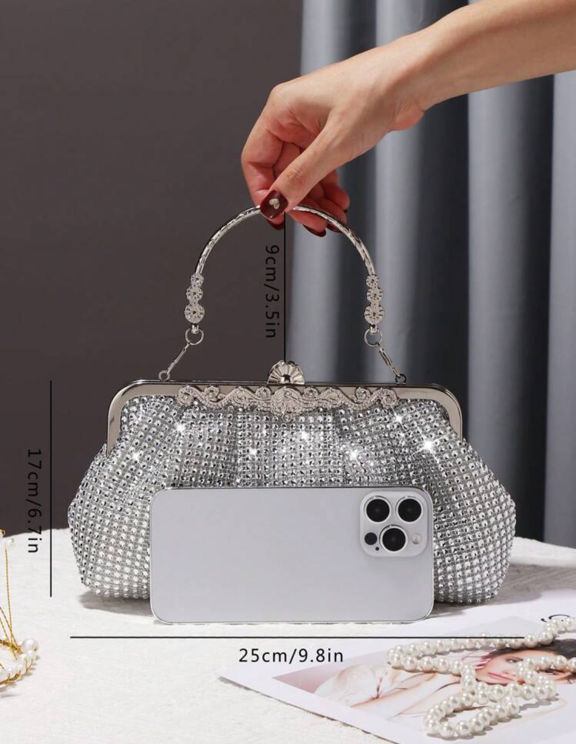 RHINESTONE GLITTER CLUTCH HANDBAG WITH CHAIN