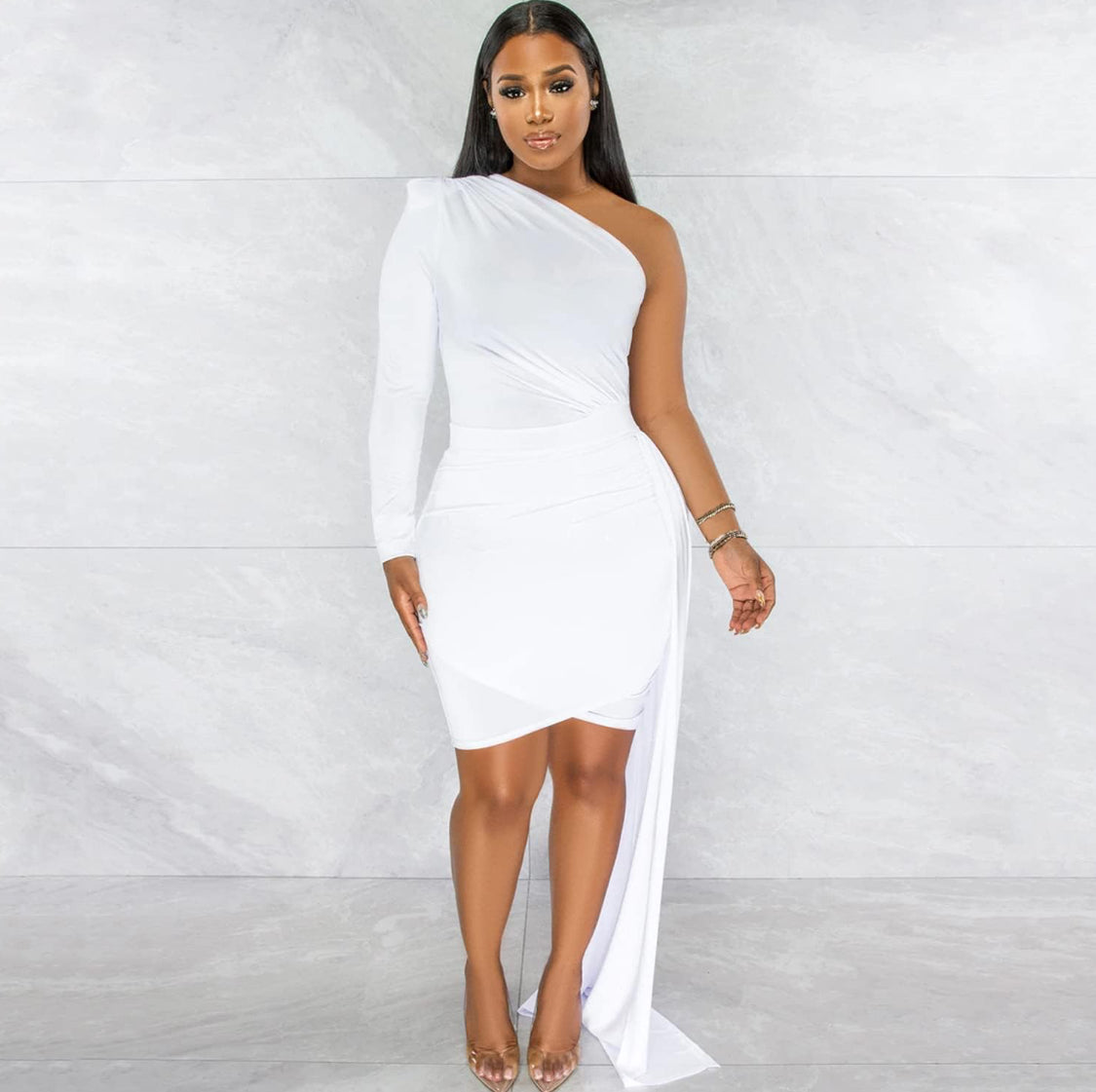 ONE SHOULDER LONG SLEEVE BODY-CON FORMAL PARTY BIRTHDAY DRESS