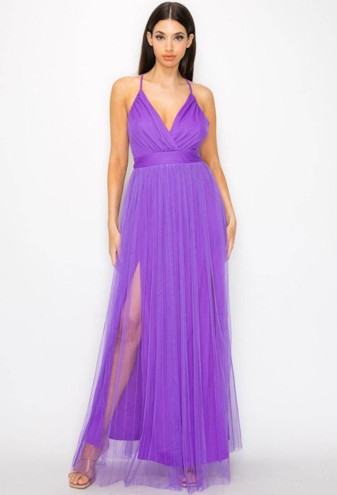 PLEATED MESH SLIT MAXI DRESS