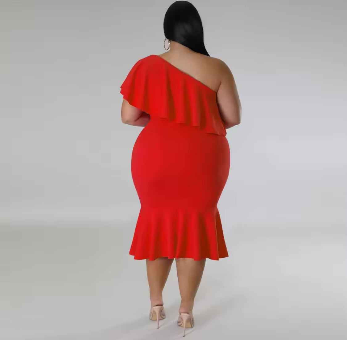 ONE SHOULDER RUFFLES BODY-CON PLUS SIZE MIDI FORMAL DRESS