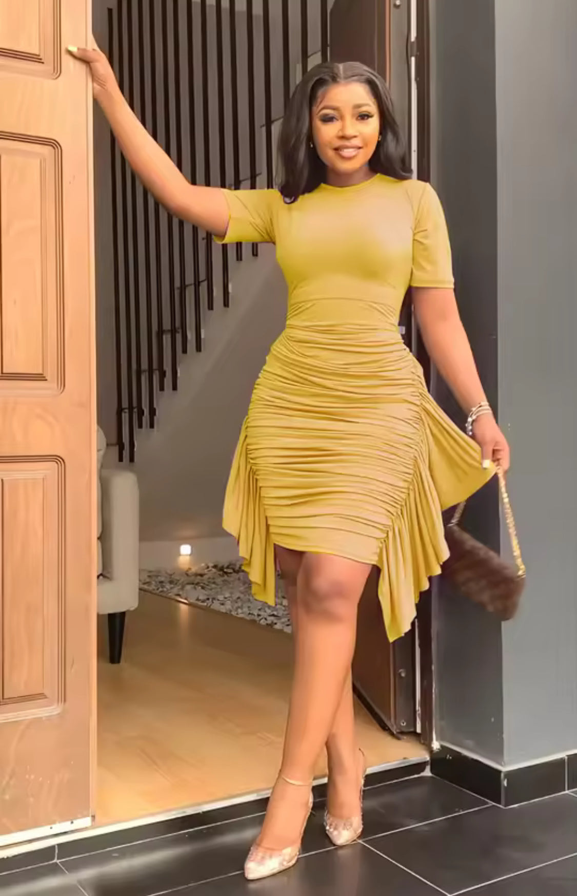 O-NECK RUFFLE BODYCON PARTY EVENING DRESS