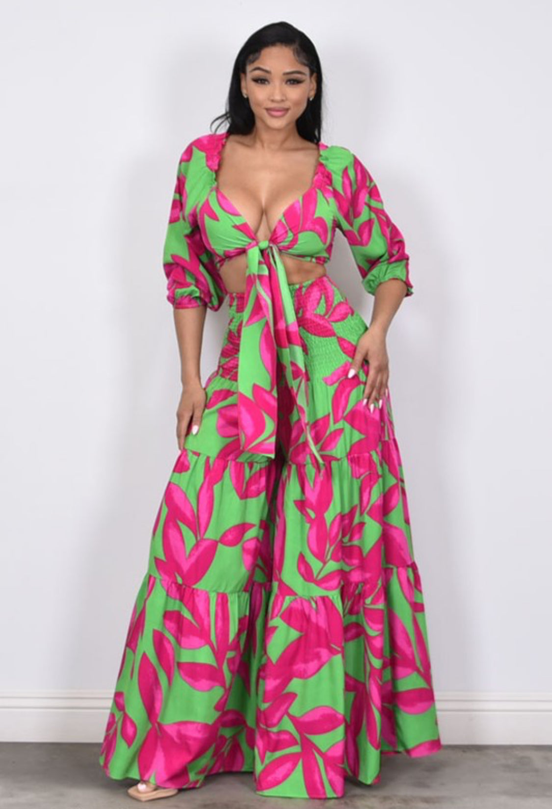 TROPICAL PATTERN TWO PIECE CROP TOP WIDE LEG PANTS SET