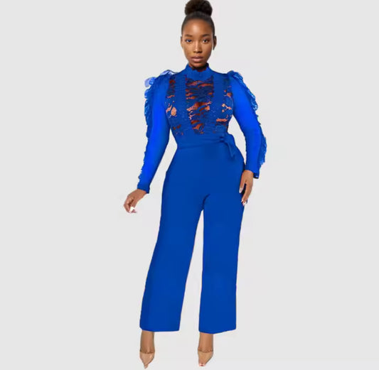 LACE SHEER JUMPSUIT LONG SLEEVE WITH BELT