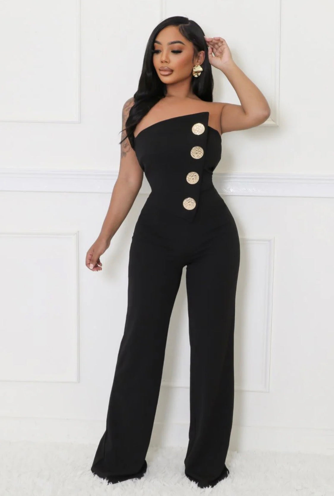 CLASSY ELEGANT TUBE TOP GOLD BOTTON DETAILS JUMPSUIT