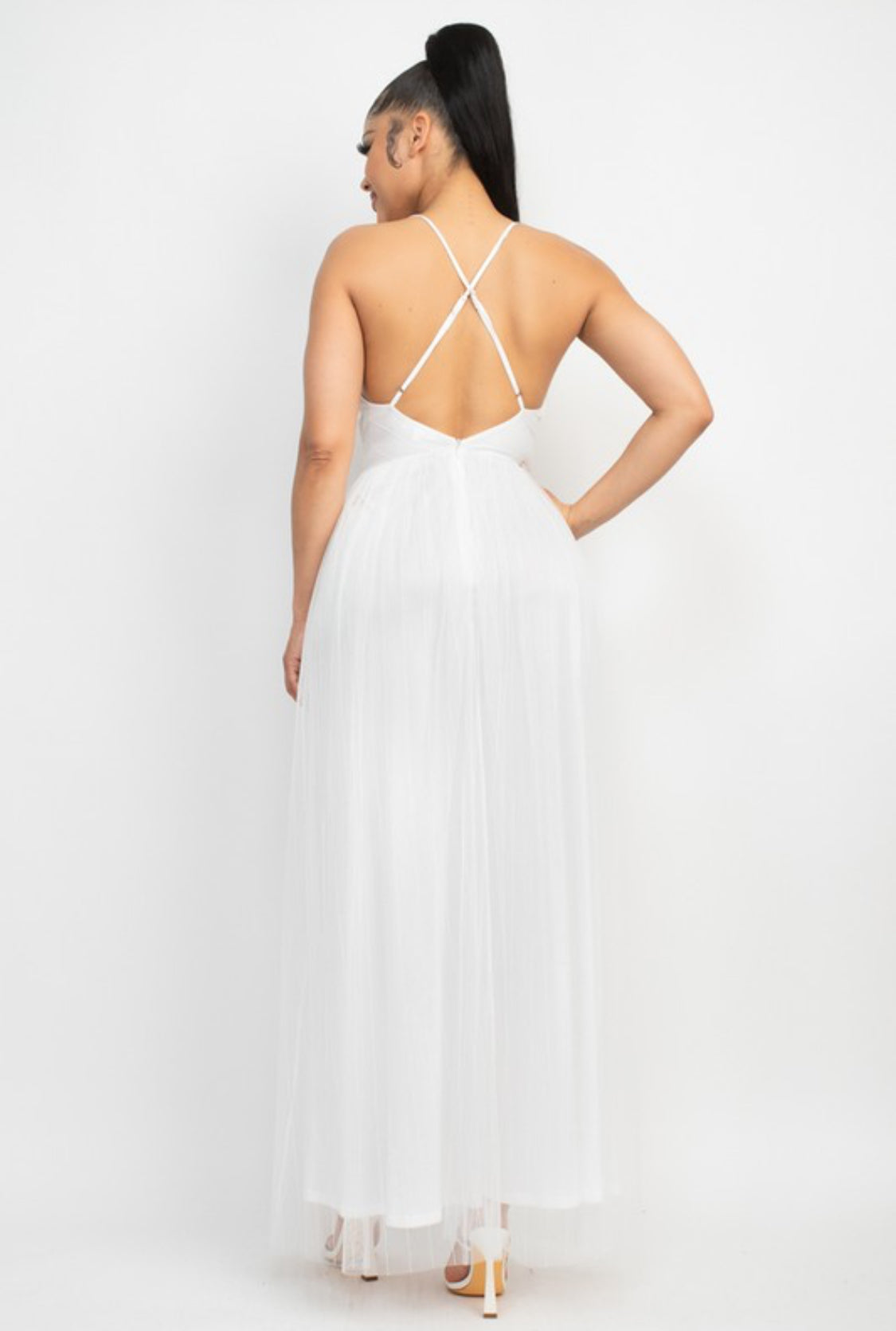 PLEATED MESH SLIT MAXI DRESS