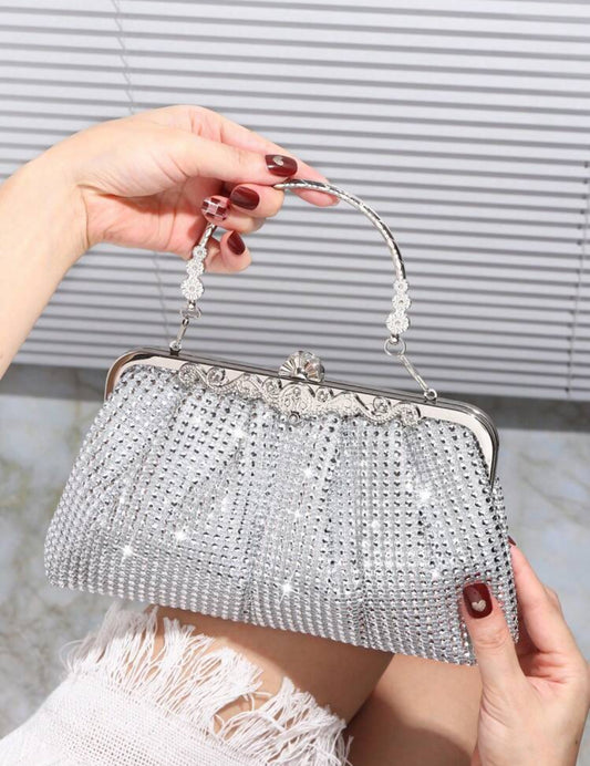 RHINESTONE GLITTER CLUTCH HANDBAG WITH CHAIN
