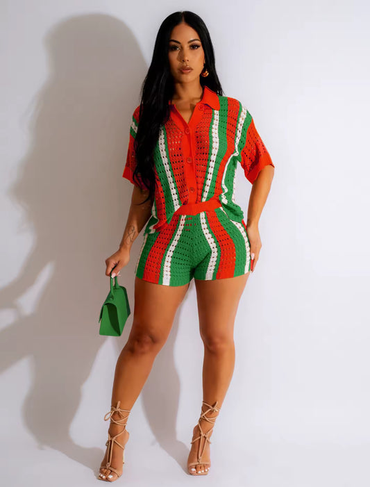 TWO PIECE KNIT RIBBED CROCHET SEE THROUGH VACAY BEACH SHORTS SET