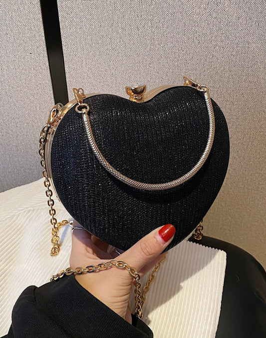 ELEGANT SHOULDER CROSS BODY BAG HEART SHAPE GOLD & BLACK EVENING PURSE