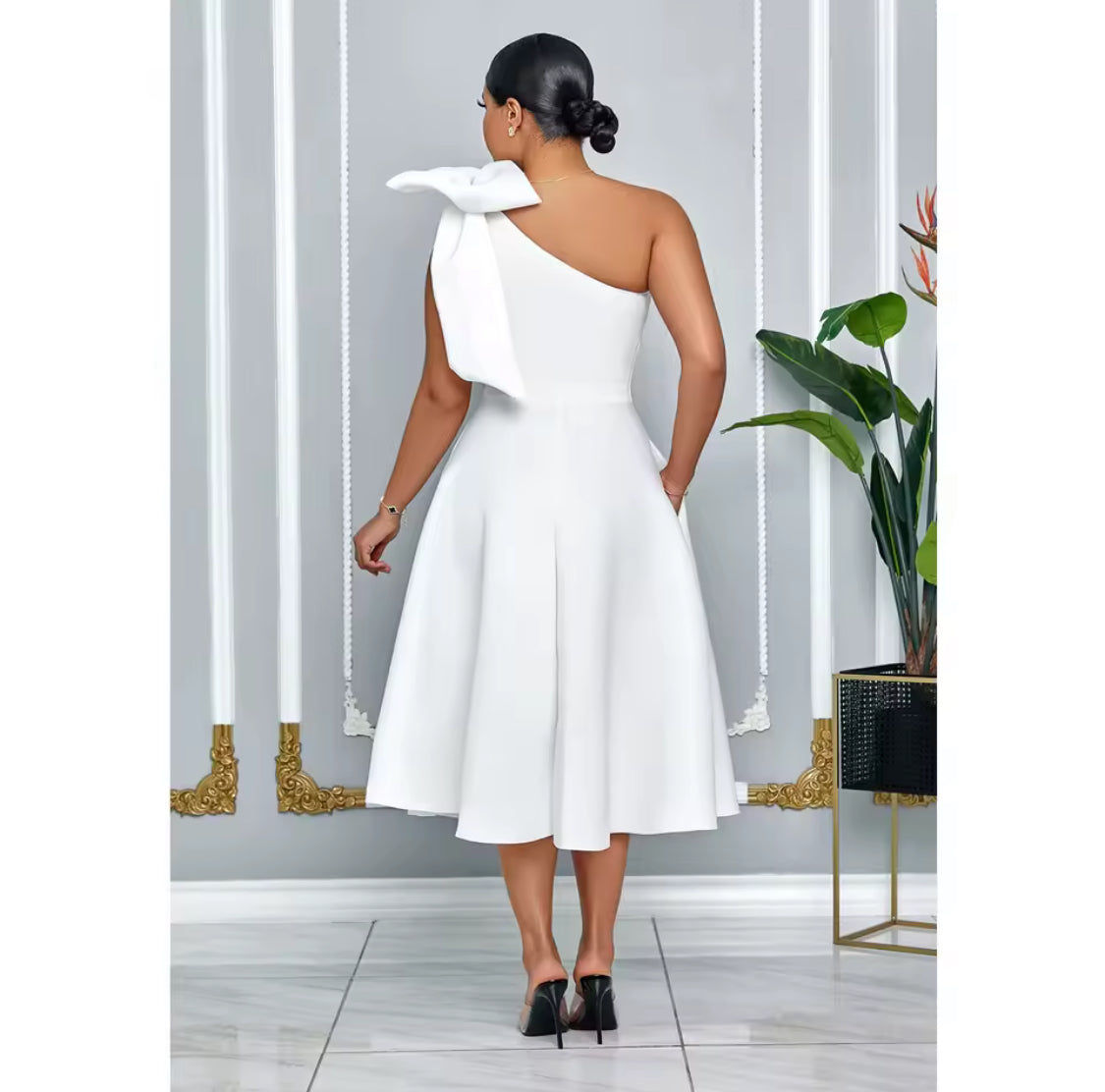 ELEGANT OVERSIZED BOW ONE SHOULDER MID CALF FORMAL DRESS