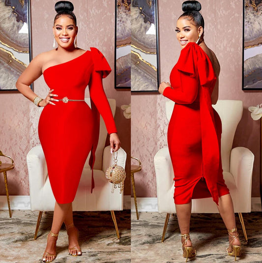 ONE SLEEVE BIG BOW DESIGN BODY-CON FORMAL MIDI DRESS