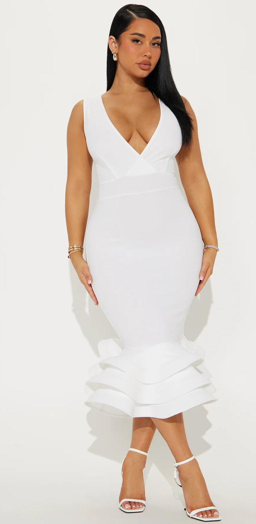 V NECK SLEEVELESS RUFFLE END BODY-CON FORMAL DRESS